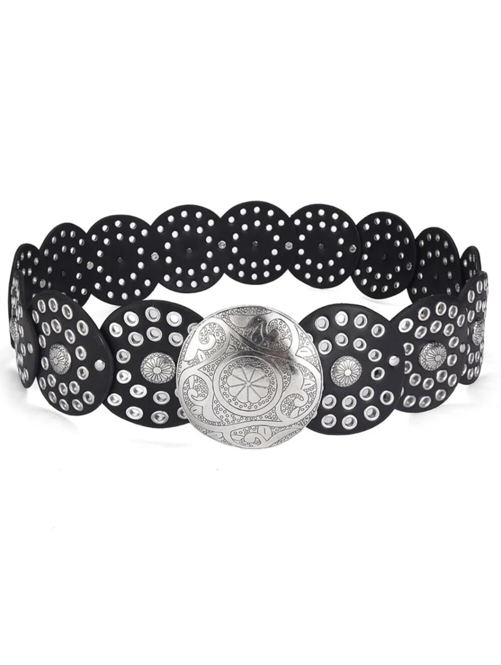 Black Studded Circle Leather Belt with Silver Conchos & Buckle